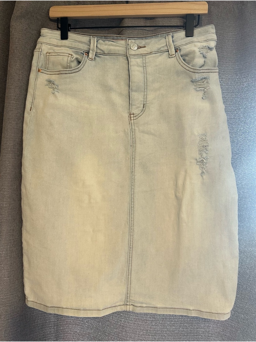 Light Beige Denim Midi Pencil Skirt